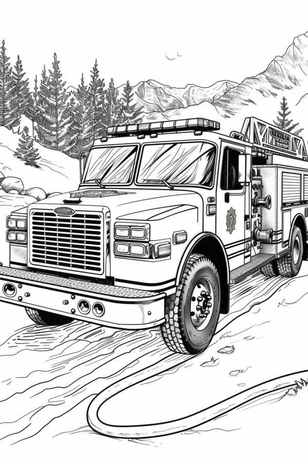 Fire truck on a rocky mountain path, realistic style — free printable career theme coloring book page