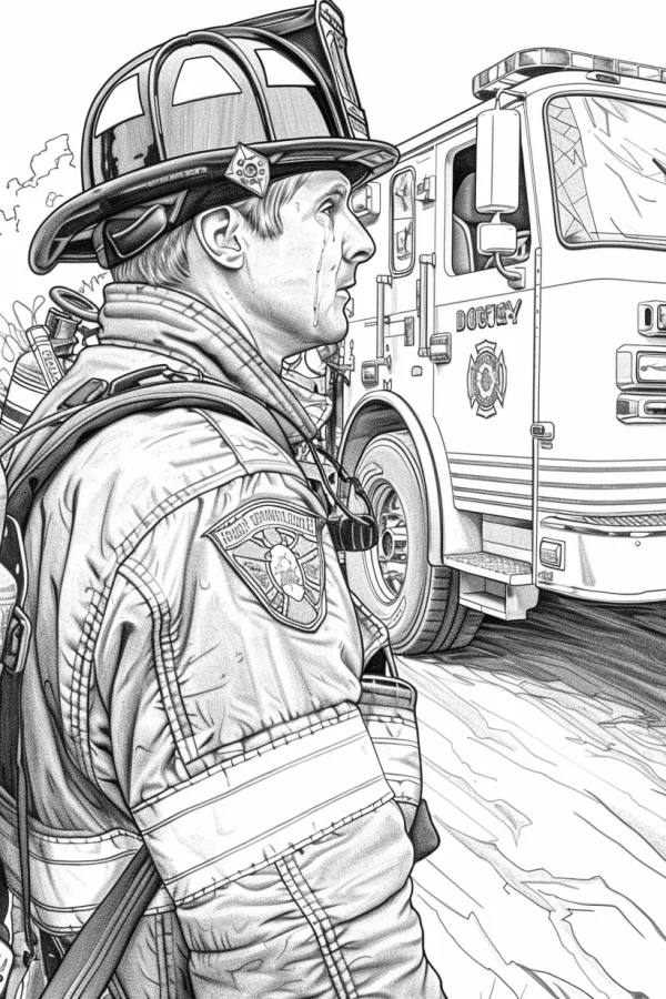 Firefighter standing next to fire truck, realistic sketch style — free printable firefighters coloring book page