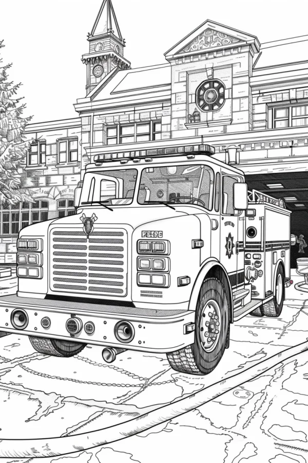 Fire truck parked in front of fire station with clock tower, realistic line art style — free printable firefighters coloring book page