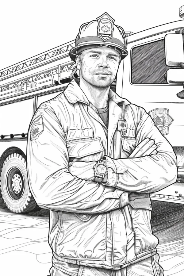Realistic line art of a firefighter in uniform with crossed arms, standing in front of a fire truck with ladder — free printable firefighters coloring book page