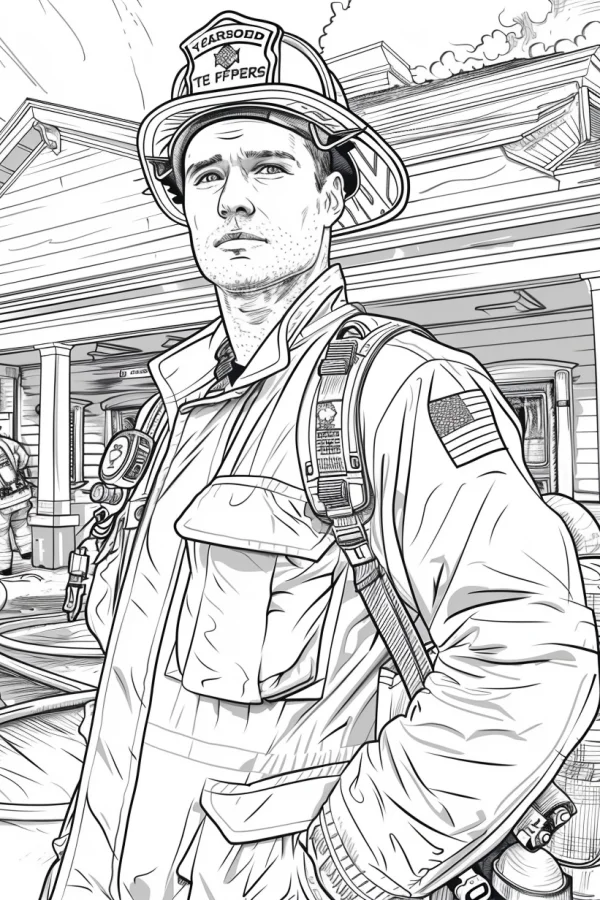 Firefighter in full uniform, realistic sketch style — free printable firefighters coloring book page