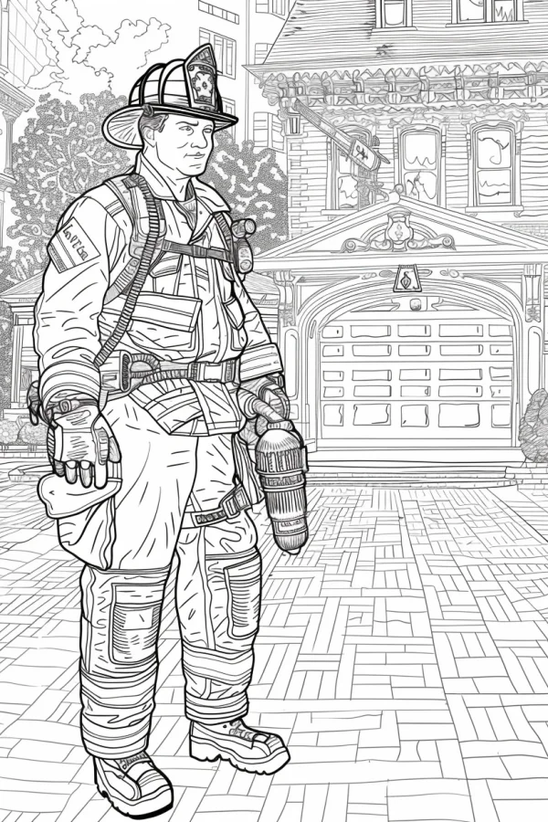 Firefighter in full gear standing on brick driveway, realistic style — free printable firefighters coloring book page