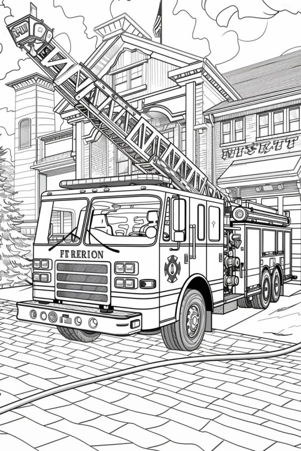 Fire truck with extended ladder, realistic illustration style — free printable city scene coloring book page