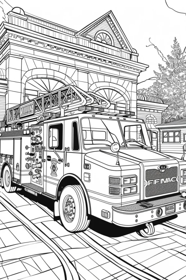 Fire truck parked in front of fire station, realistic style — free printable firefighters coloring book page