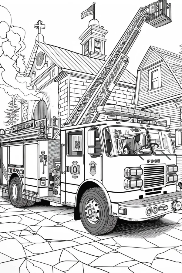 Realistic fire truck with extendable ladder, parked in front of residential house and church building on cobblestone street — free printable firefighters coloring book page