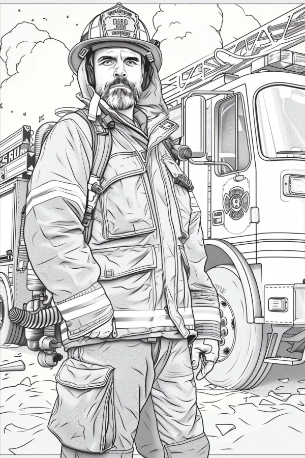 Firefighter standing in front of fire truck, realistic sketch style — free printable firefighters coloring book page