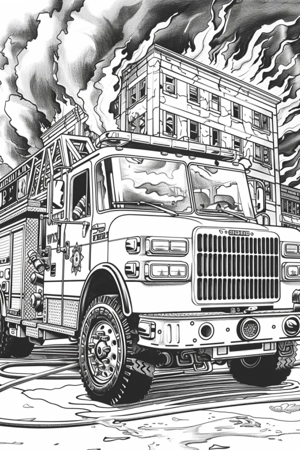 Fire truck at fire rescue scene, realistic sketch style — free printable rescue coloring book page