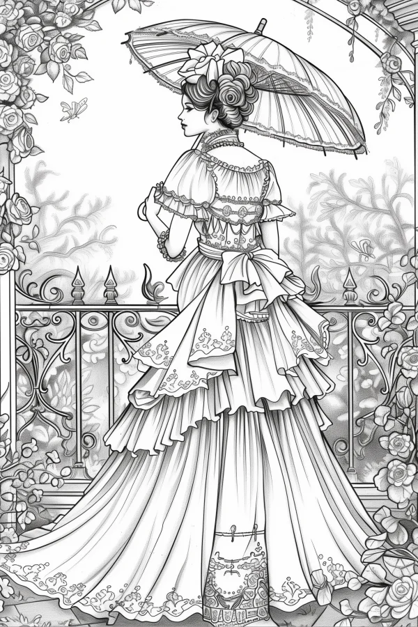 Elegant victorian woman holding a parasol, vintage retro style — free printable victorian coloring book page