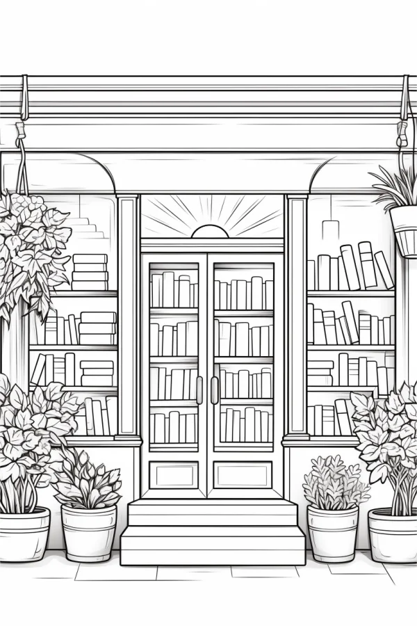 Bookstore facade with bookshelves filled with books and various potted plants, clean fine smooth lines — free printable bookstore coloring book page