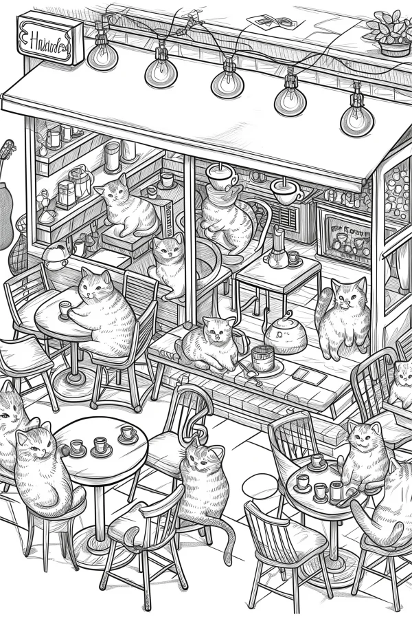 Cute cats in a cozy coffee shop, cartoon style — free printable cafe coloring book page