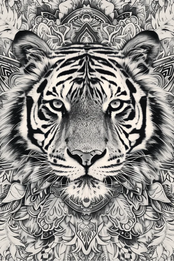 Mandala style tiger head, realistic sketch style — free printable zen coloring book page
