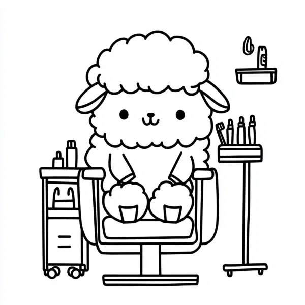 Cute cartoon alpaca sitting in barber chair, cartoon style — free printable beauty and hair coloring book page