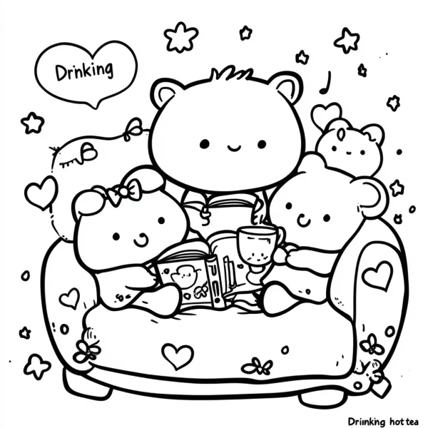 Cute bear family on sofa, cartoon style — free printable parent-child coloring book page