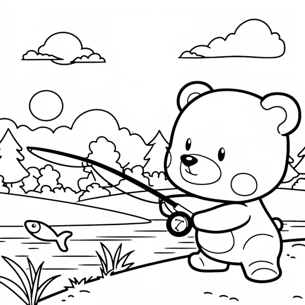 Cute cartoon bear fishing with a fishing rod, cartoon style — free printable fishing coloring book page