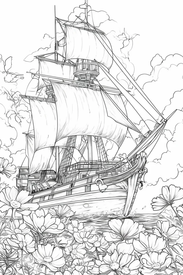 Retro sailing ship, realistic style — free printable scenery coloring book page
