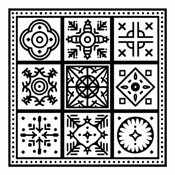Nine-grid symmetrical tribal geometric patterns, abstract tribal art style — free printable tribal culture coloring book page