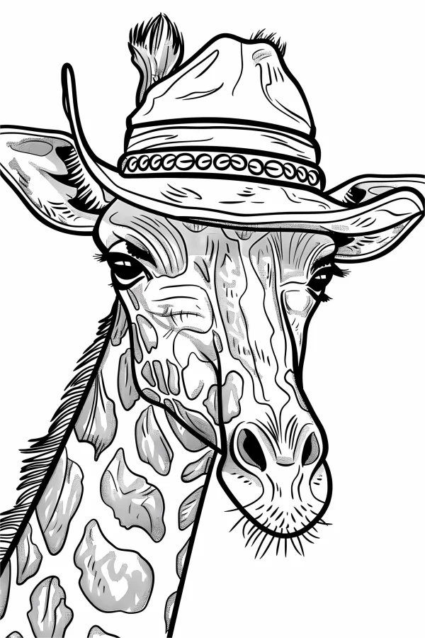Cowboy giraffe wearing a western cowboy hat, cartoon style — free printable cowboy coloring book page