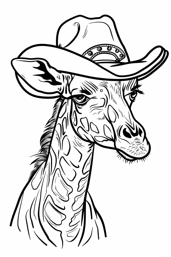 Giraffe wearing a cowboy hat, anthropomorphic cartoon style — free printable personification coloring book page