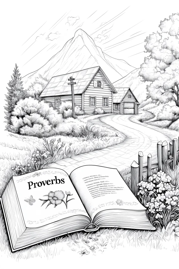 Open book titled 'proverbs' placed on grass, rural countryside scene with wooden house — free printable books coloring book page