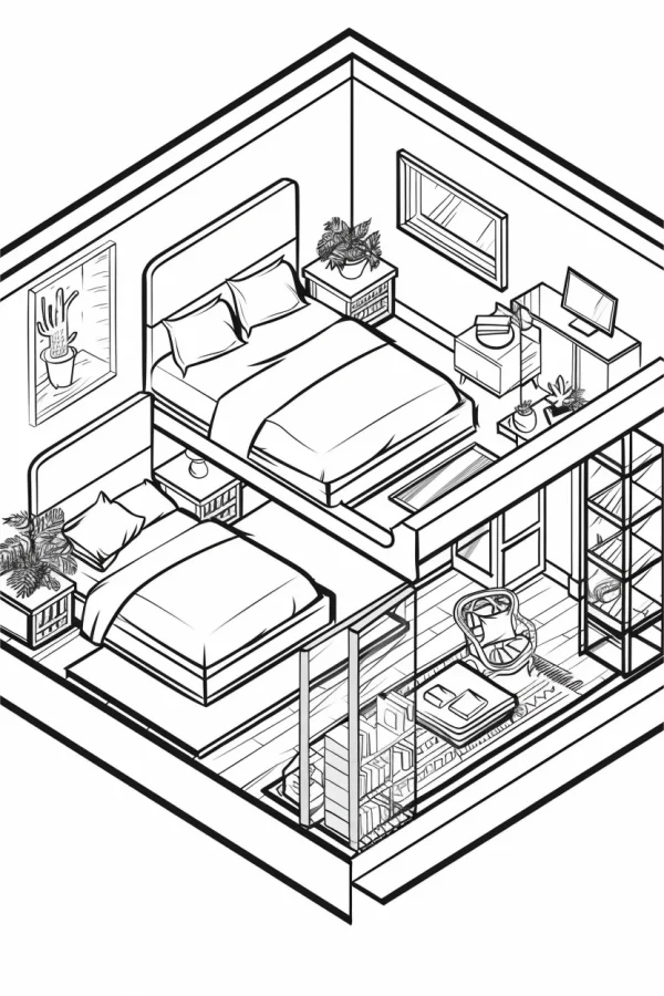 Isometric duplex indoor home scene with double bed, single bed — free printable indoor life coloring book page