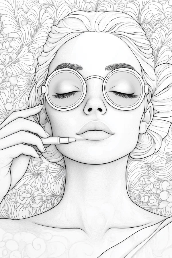 Woman with round glasses applying lip liner, realistic illustration style — free printable beauty coloring book page