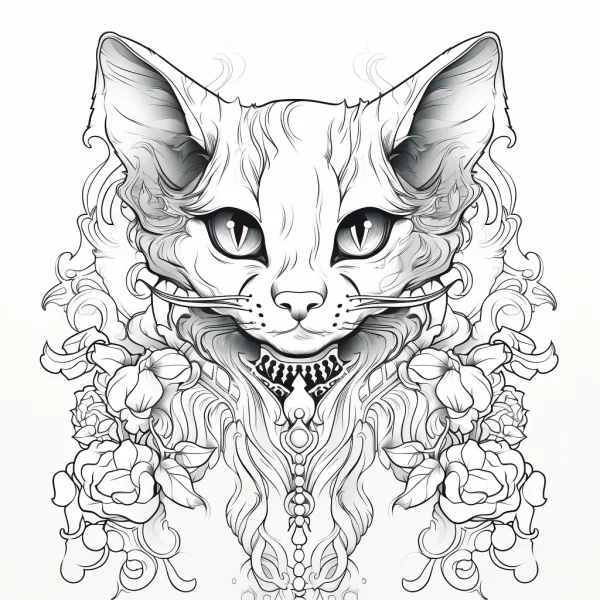 Ornately decorated cat surrounded by roses and vines, decorative art style — free printable cultural theme coloring book page