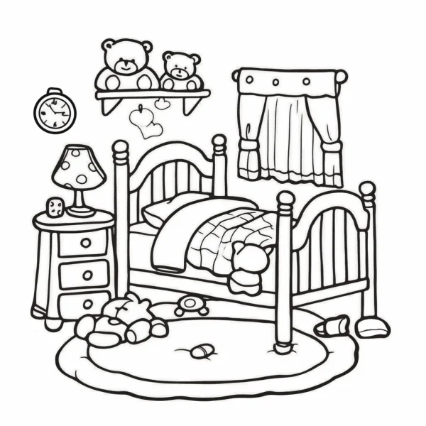 Children's bedroom with teddy bears, cartoon style — free printable children's life coloring book page