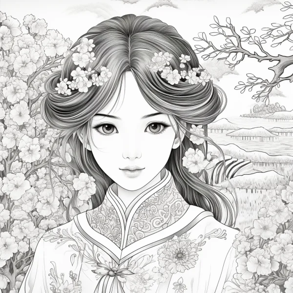 Chinese-style girl in traditional clothing, surrounded by blooming flowers and trees with distant mountains and fields in background — free printable flower season coloring book page