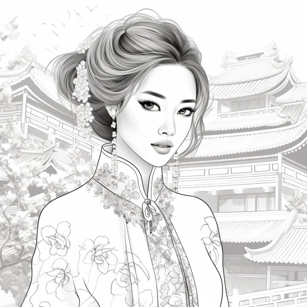 Chinese classical woman with elegant updo and hair accessories, chinese style — free printable classical architecture coloring book page