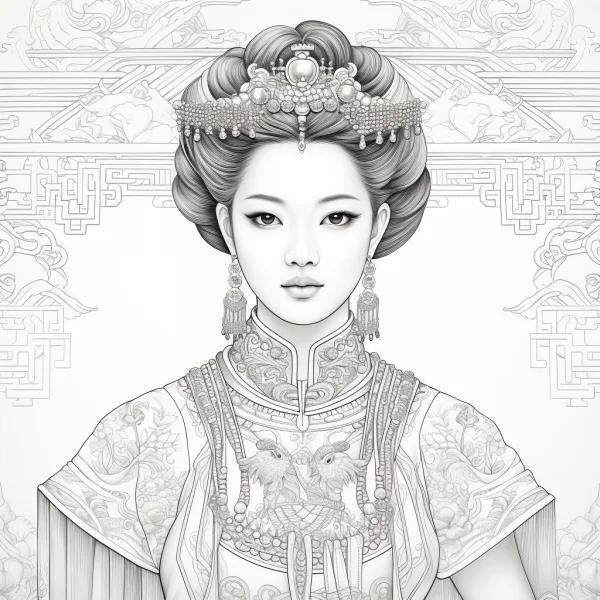 Elegant chinese ancient court woman with elaborate pearl headdress and tassel earrings, chinese classical style — free printable classical coloring book page