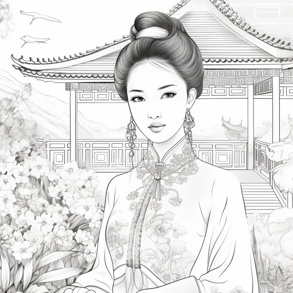 Chinese ancient style woman, chinese traditional architecture and flowers in background — free printable traditional clothing coloring book page