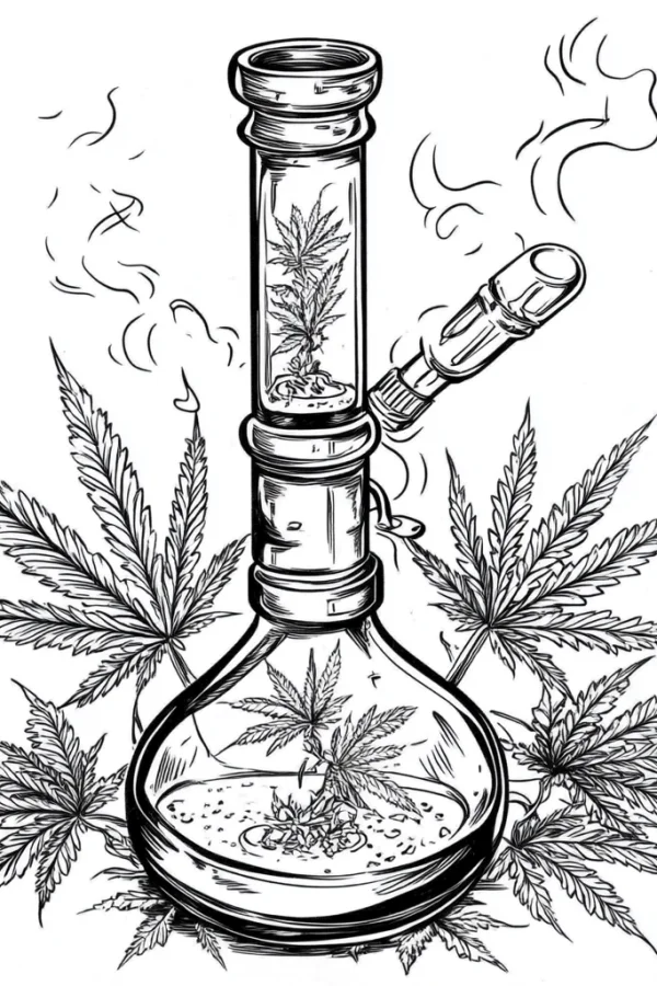 Marijuana bong surrounded by cannabis leaves, realistic  detailed design with smoke and liquid inside the bong — free printable cannabis culture coloring book page
