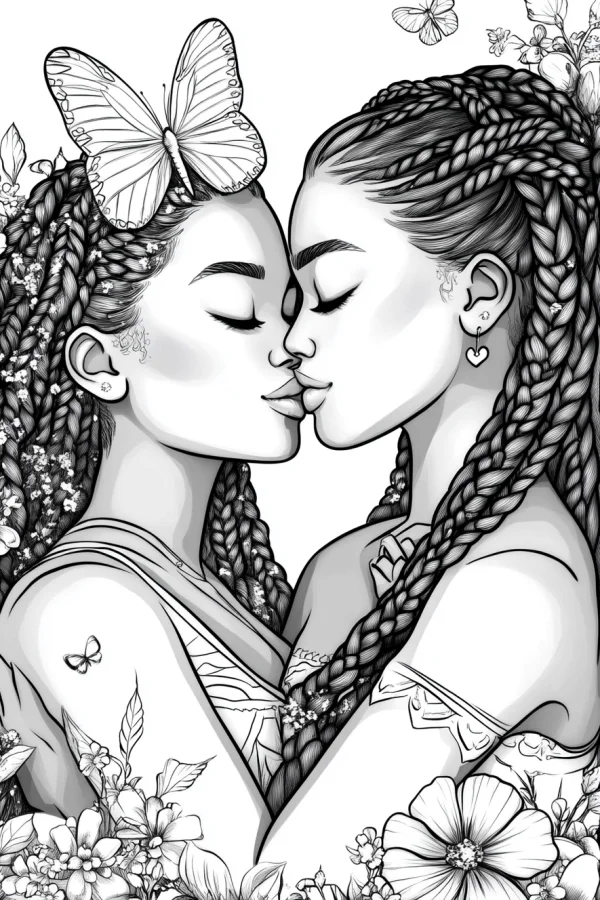 Two braided girls kissing, cartoon style — free printable female coloring book page