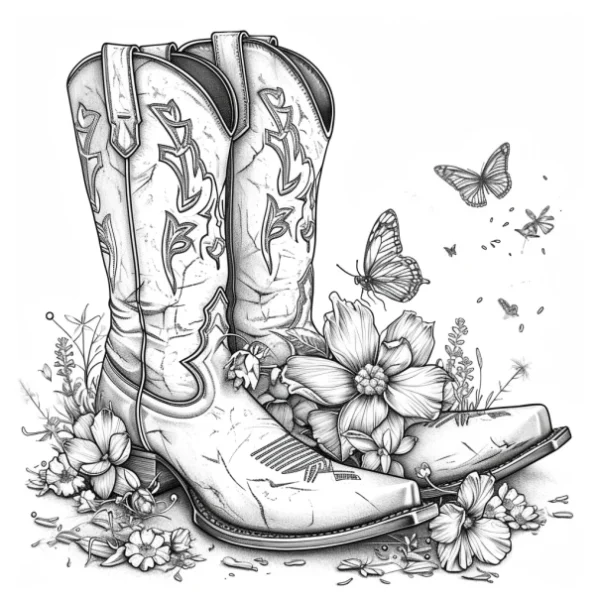 Cowboy boots surrounded by various flowers and butterflies, realistic illustration style — free printable western cowboy coloring book page