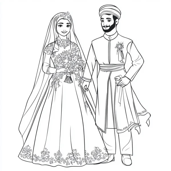 Middle eastern wedding couple, bride in hijab and floor-length wedding dress with floral embroidery — free printable middle east coloring book page