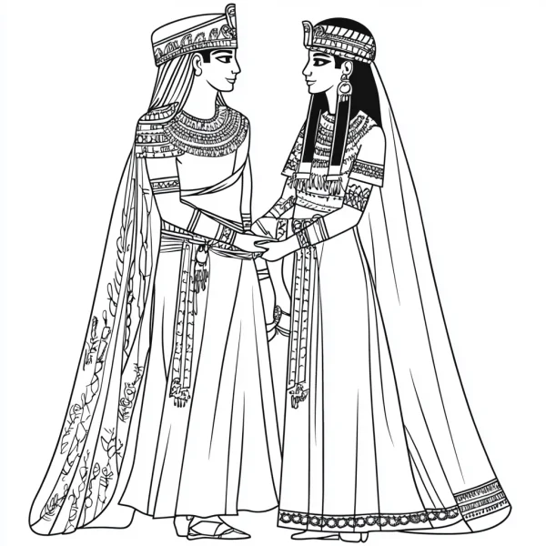 Ancient egyptian royal couple (pharaoh and queen), ancient egyptian art style — free printable egypt coloring book page