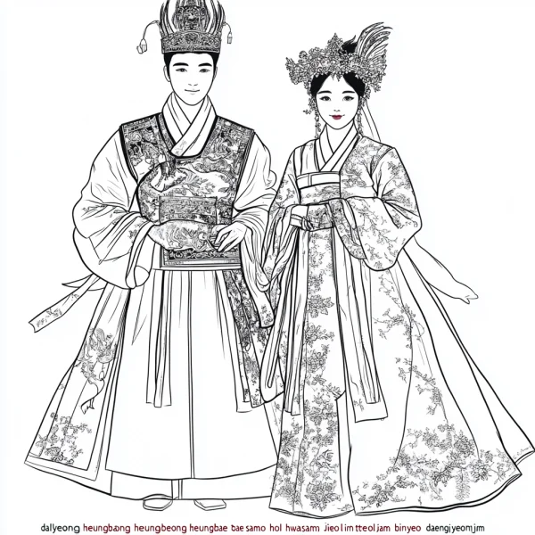 A couple in korean traditional wedding hanbok, korean style — free printable korean style coloring book page