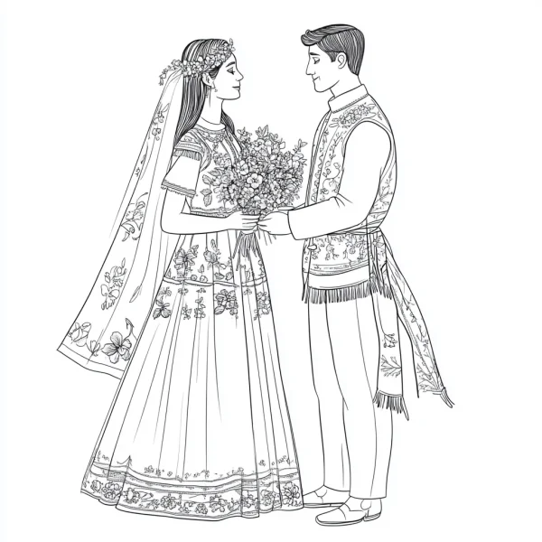 Bride and groom in traditional ethnic clothing, holding a flower bouquet — free printable ethnic culture coloring book page