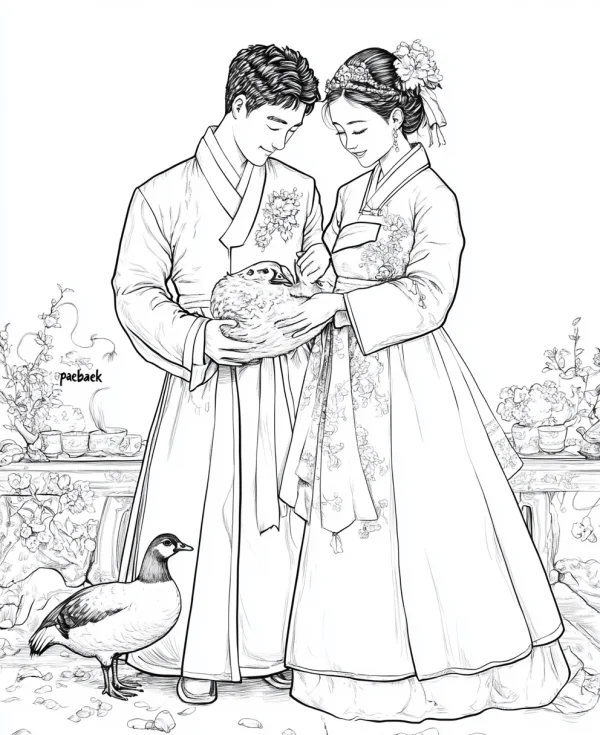 Korean wedding couple in traditional hanbok holding a goose, korean style — free printable korean style coloring book page