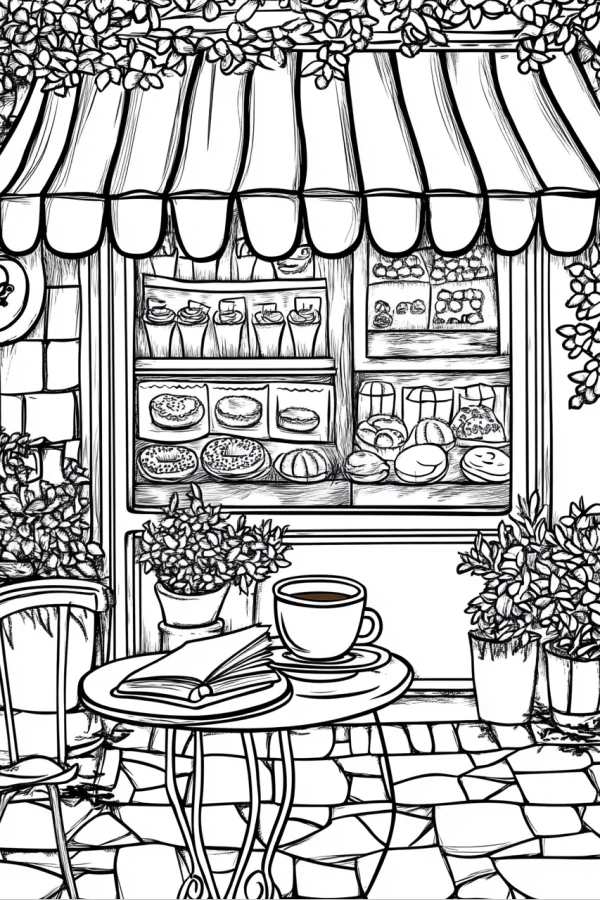 Outdoor cafe seating scene with coffee cup, open book and potted plants — free printable cafe coloring book page