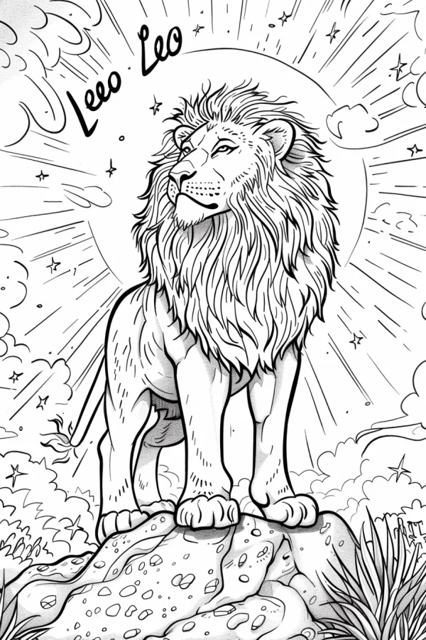 Majestic leo lion standing on a rock, sketch style — free printable constellations coloring book page