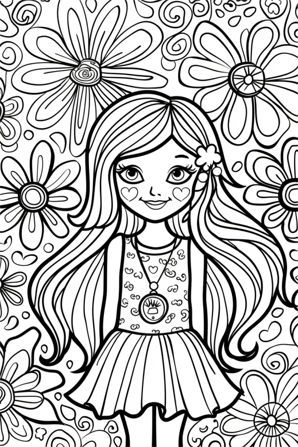 Long-haired girl with heart-shaped cheeks and flower hairpin, cartoon style — free printable character theme coloring book page