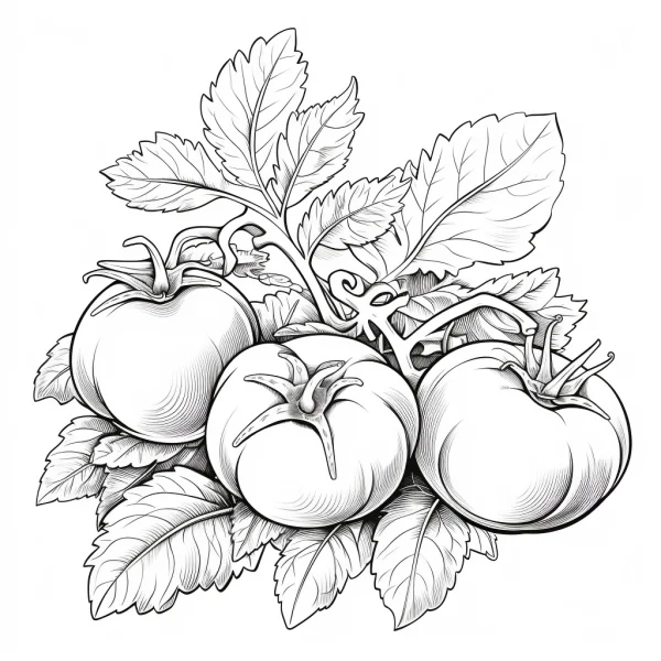 Tomato plant with three ripe tomatoes and detailed leaves, sketch style — free printable vegetables coloring book page