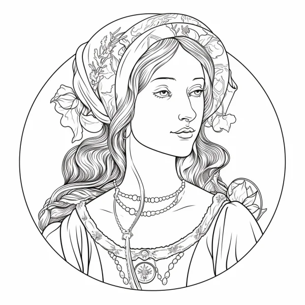 Vintage decorated woman, art nouveau and vintage style — free printable art nouveau coloring book page
