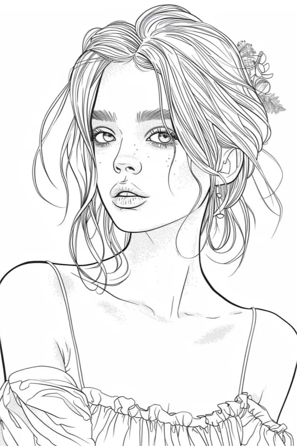 Freckled girl portrait, realistic illustration style — free printable portrait coloring book page