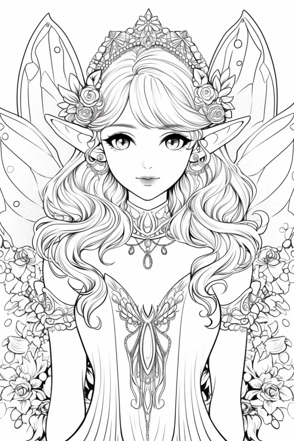 Elegant elf fairy with curly hair, anime cartoon style — free printable fairy coloring book page