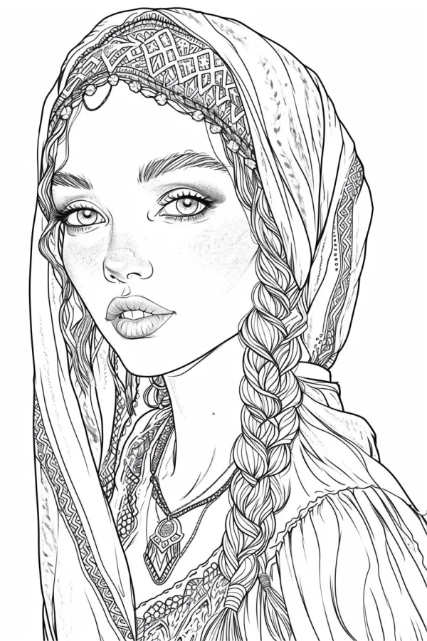 Ethnic style girl with headscarf and braided hair, detailed folk patterns on headscarf and clothing — free printable ethnic culture coloring book page