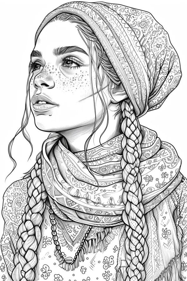Bohemian style braided girl with headscarf and scarf, realistic line art — free printable cultural theme coloring book page