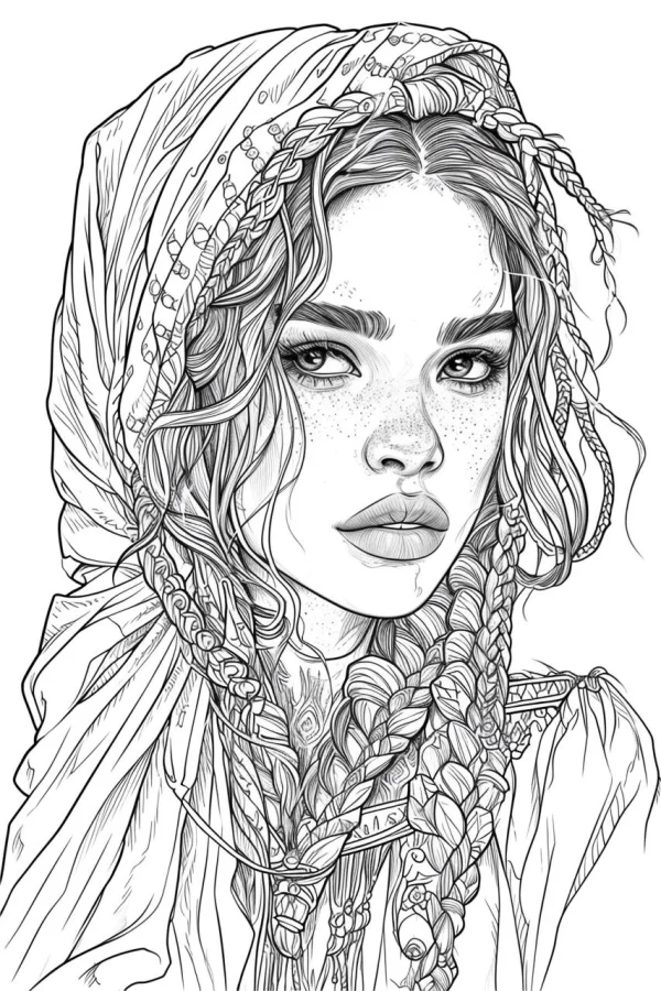 Girl with braided hair and embroidered headscarf, realistic sketch style — free printable ethnic culture coloring book page