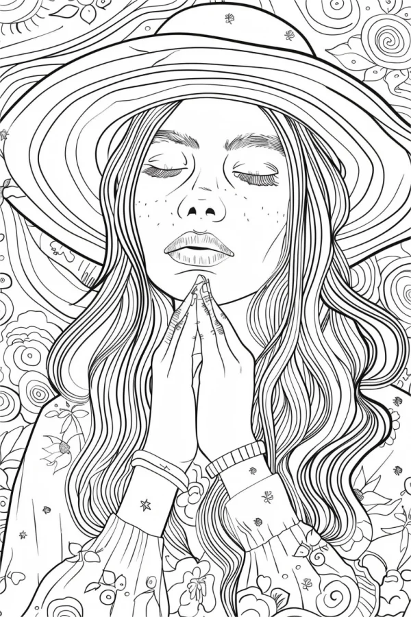 Praying girl with wide-brimmed hat, illustration style — free printable meditation coloring book page